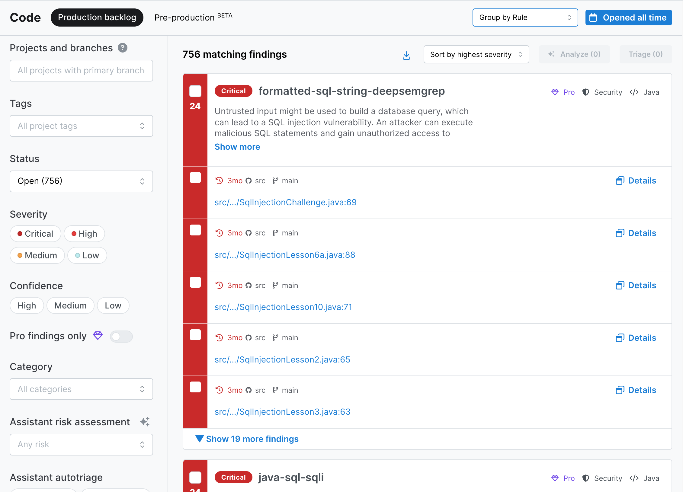 Findings grouped by rule
