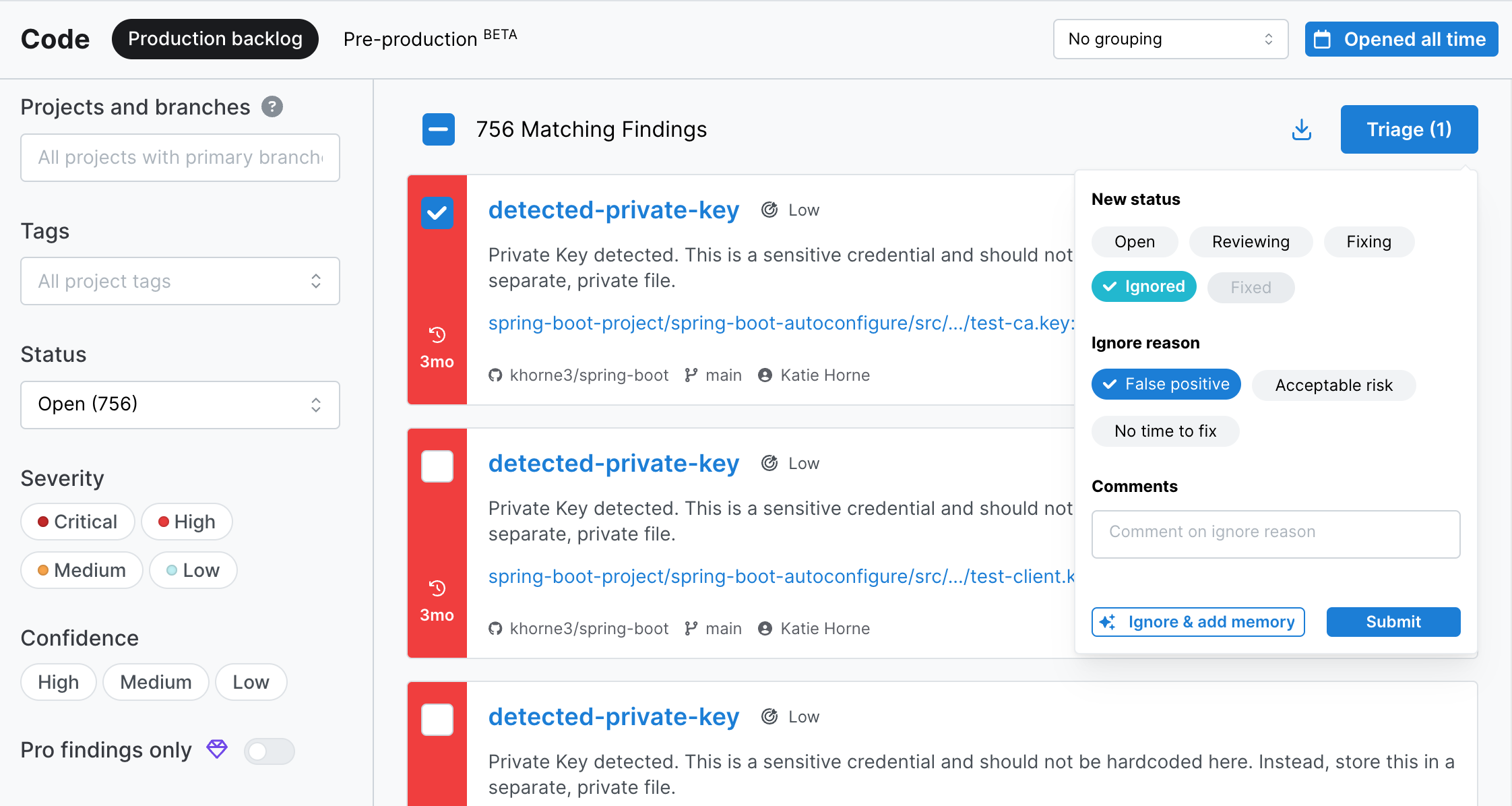 Screenshot of Semgrep AppSec Platform triage menu