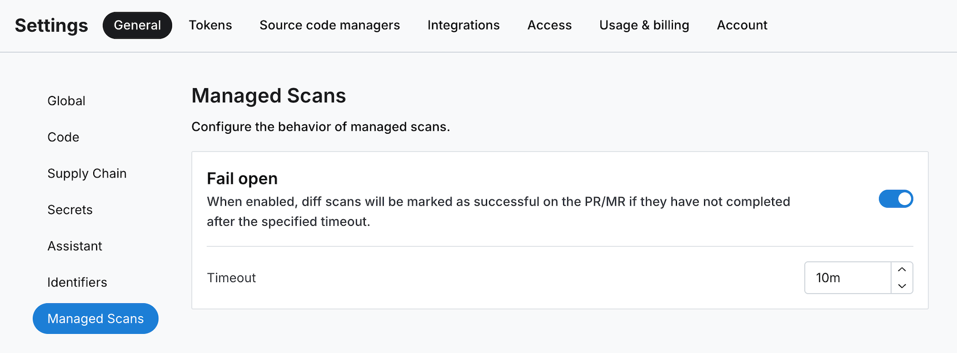 Semgrep AppSec Platform settings page with fail open configuration options.