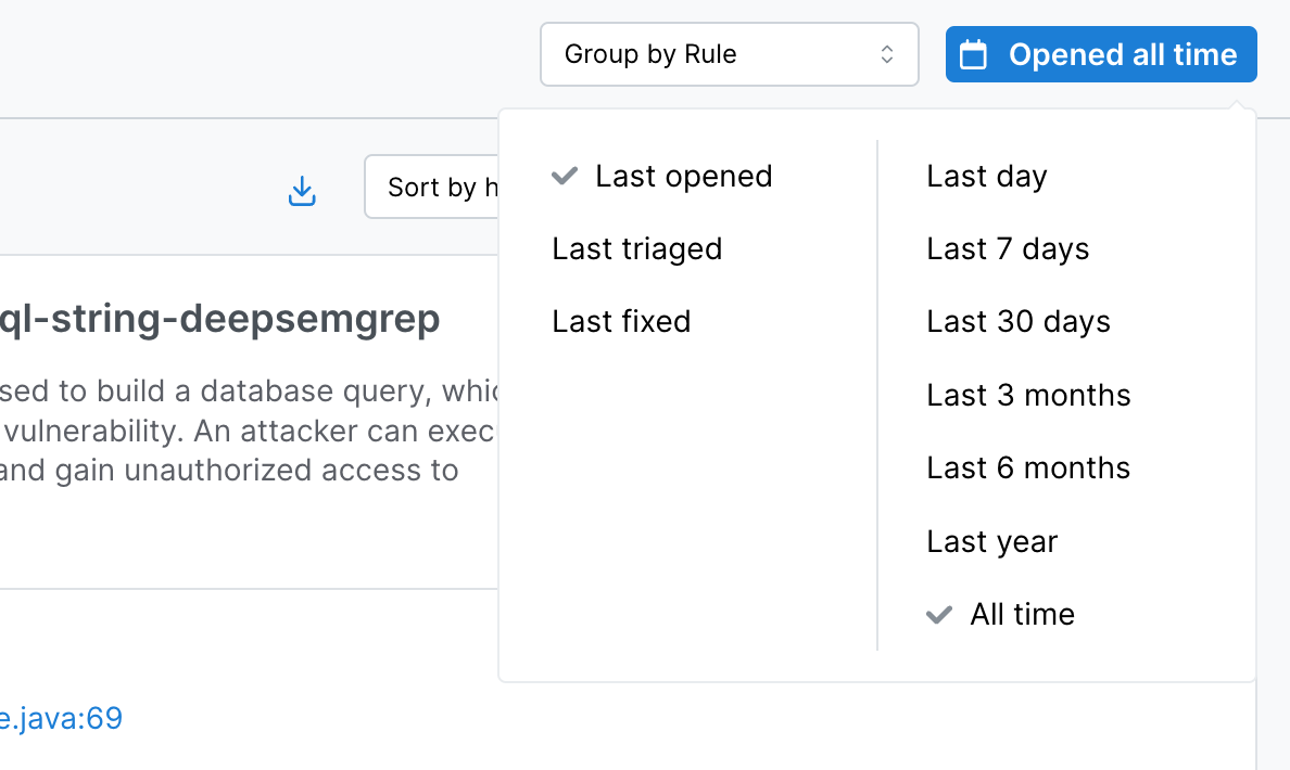 Time period and status filters