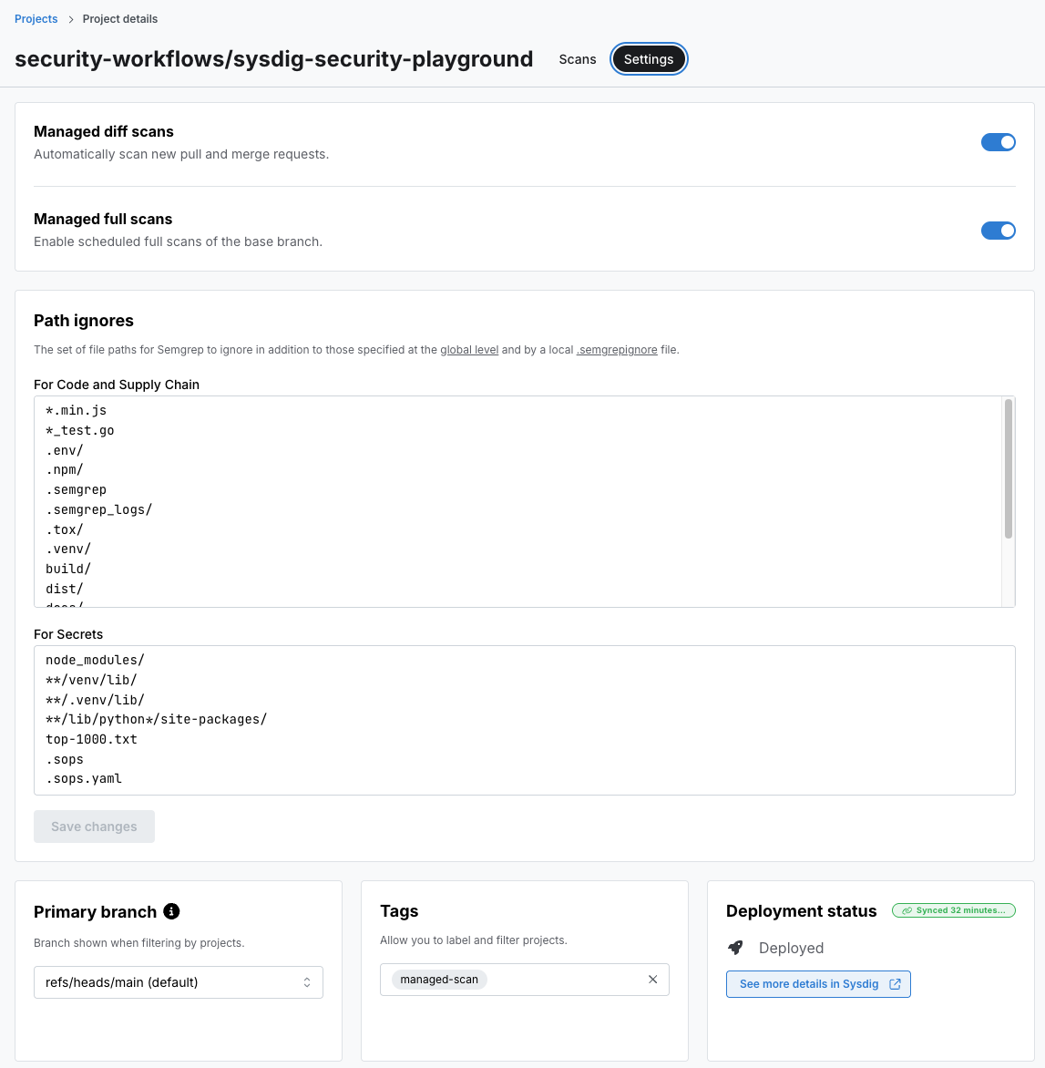 Sysdig Data In Project Settings